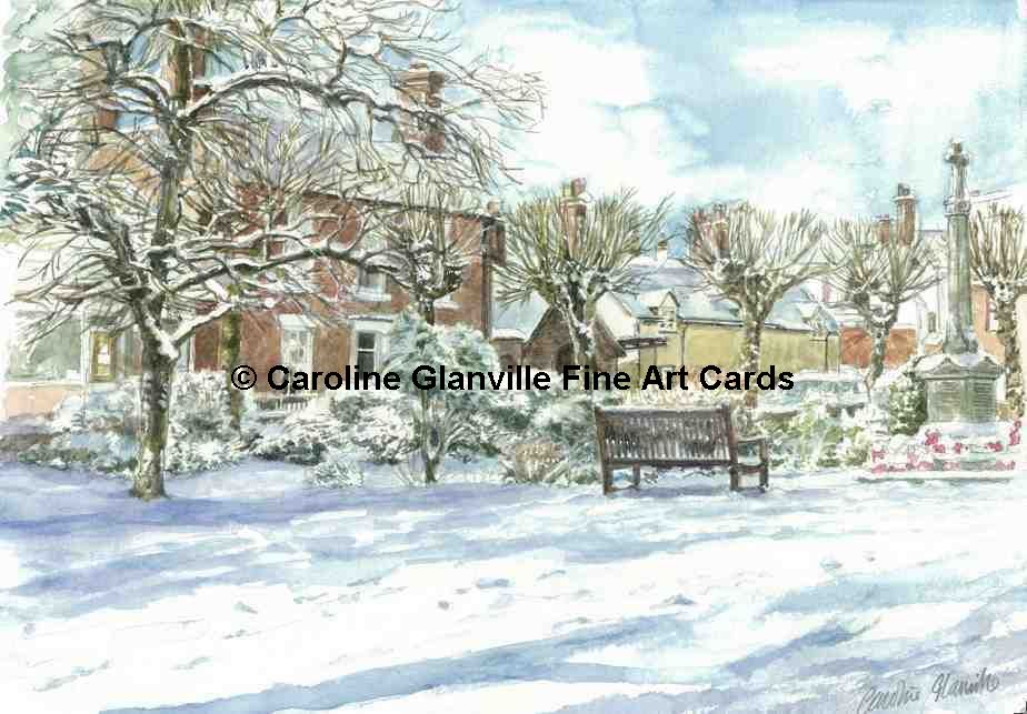 Village view in snow, painting by Caroline Glanville